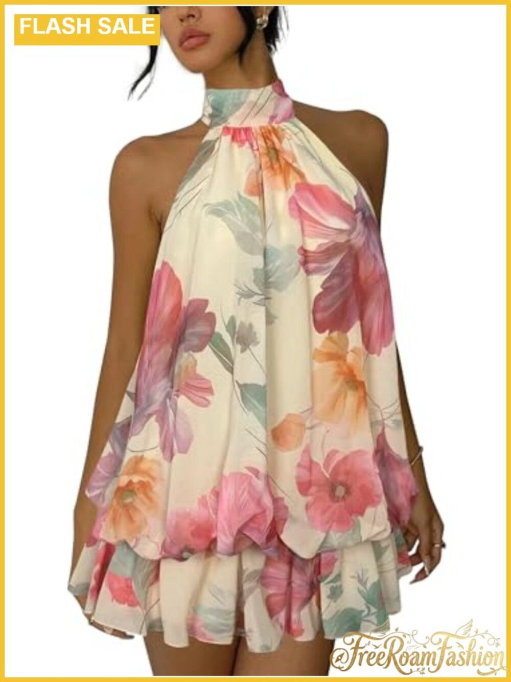 Women Y2K Halter Mini Dress Chiffon Bubble Ruffled Party Dress
